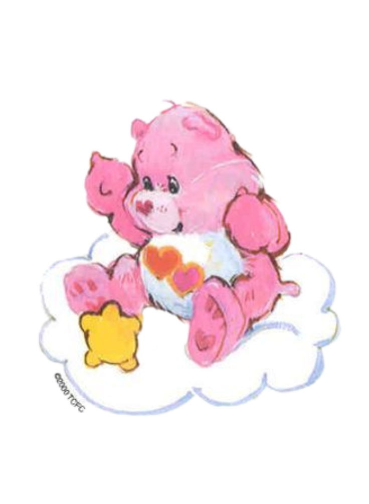 A picture of Love-a-lot Bear sitting on a cloud and looking surprised as a little star speaks to her.