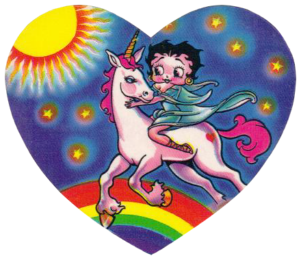 A heart shaped sticker of Betty Boop riding a unicorn over a rainbow in space.