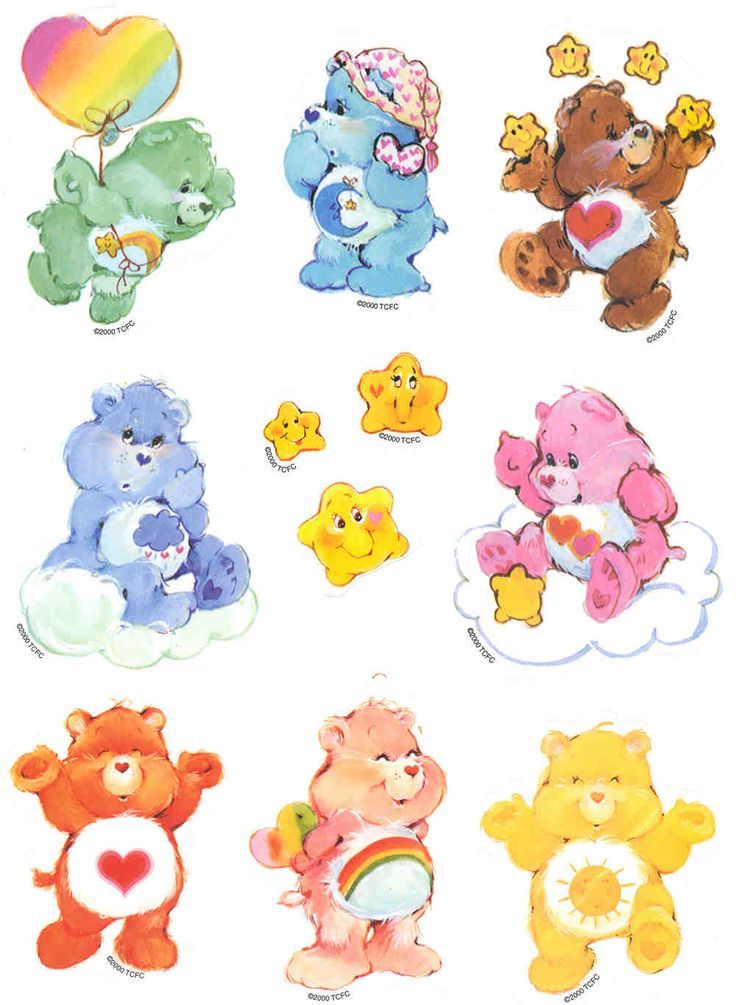 A sticker sheet of the 1980's design of the Care Bears. Going clockwise are Wish, Sleepytime, Tenderheart, Love-a-lot, Funshine, Cheer, Tenderheart, and Grumpy.