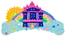 A sticker of a navy blue, pink and lavendar castle on fluffy star covered clouds.
                          Behind the castle is a rainbow and sun.