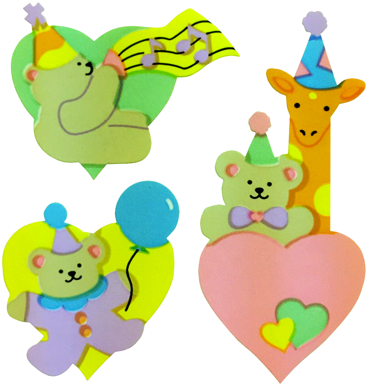 A heart shaped sticker sheet of bears and a giraffe performing at a circus. They are wearing colorful pastel party hats. One bear plays the trumpet, and another holds a balloon while wearing a clown outfit.