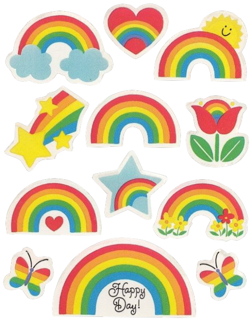 A sticker sheet of rainbows and rainbow colored things like flowers, butterflies, hearts and stars. The rainbow sticker at the bottom reads, Happy Day!