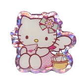 A Sticker of Kitty White sitting down and reading a love letter.
                          She is wearing a lavendar dress and a pair of angel wings.