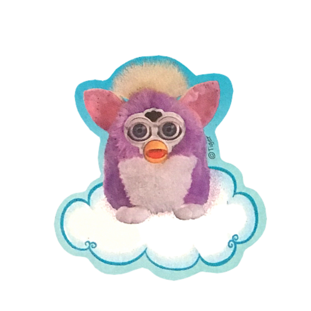 A sticker of a purple furby on a cloud.