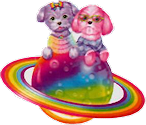 A sticker of two pastel dogs sitting on a rainbow colored planet with a ring around it.
