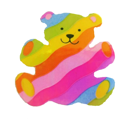 A sticker of a small rainbow colored teddy bear.