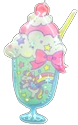 A sticker of a sundae with pink strawberry icecream, whipped cream with star shaped sprinkles, a pink bow, a cherry on top, and a tiny unicorn inside the glass.