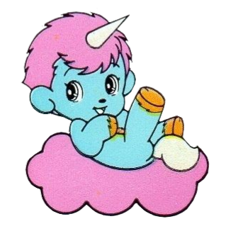 A sticker of Unico the unicorn laying on a pink cloud.